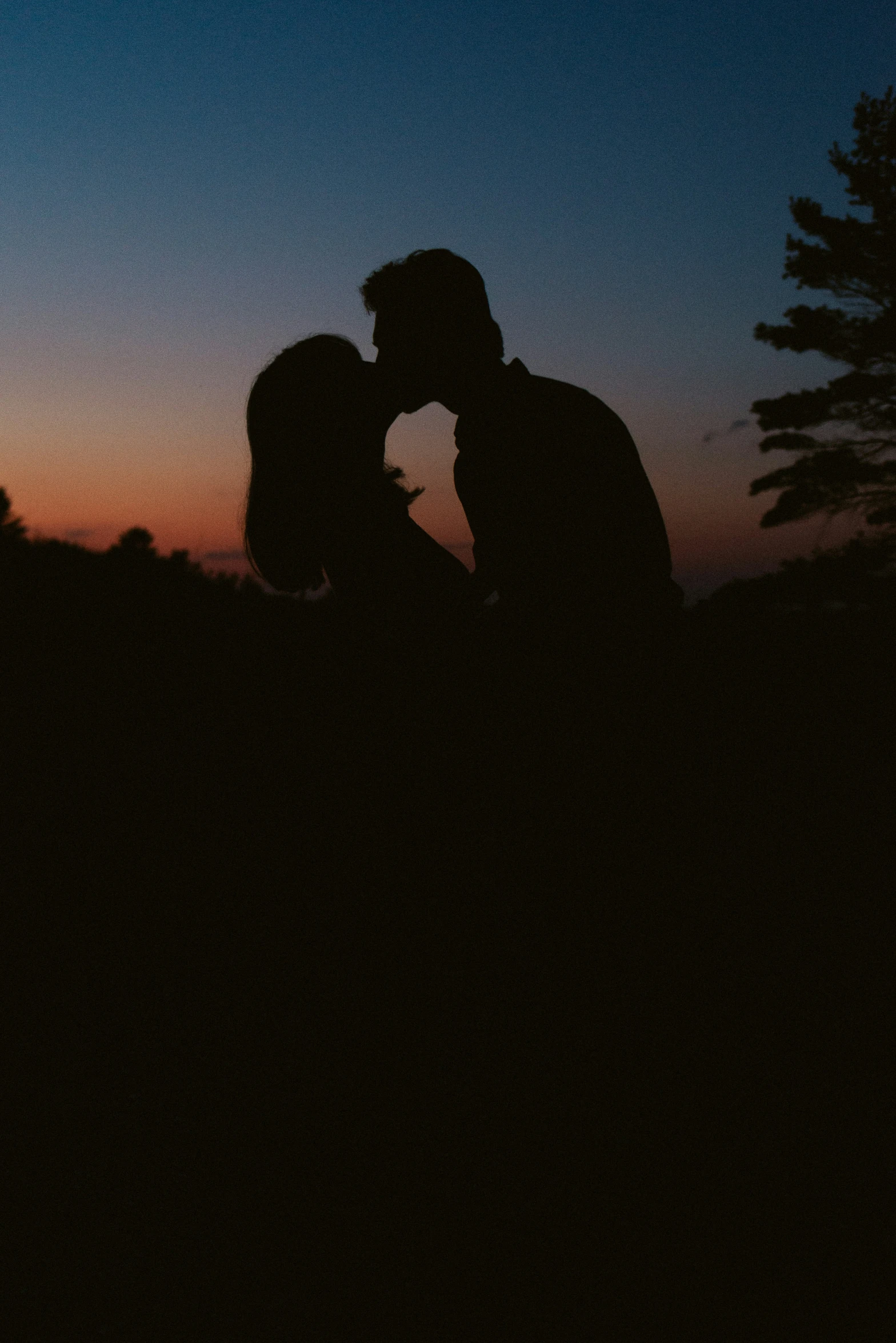 a silhouette of two people kissing with a setting moon behind them