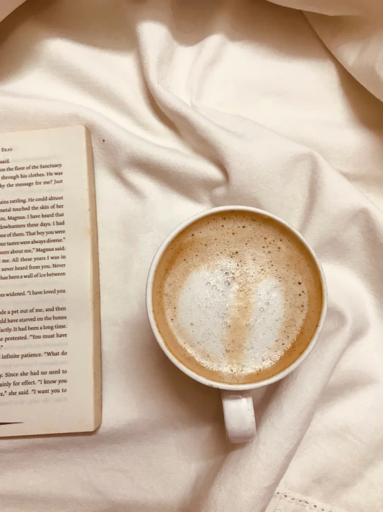 a cup of coffee next to an open book