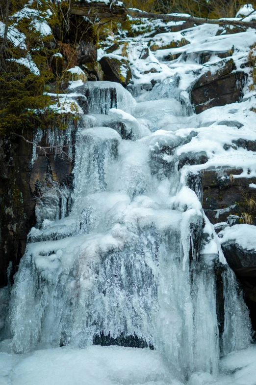 a snow covered waterfall, in winter with lots of water