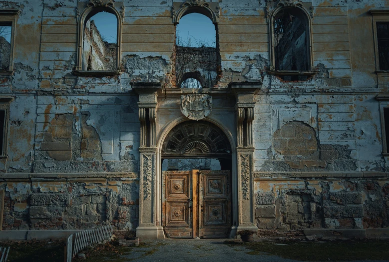 a door is opened to the outside of an old building