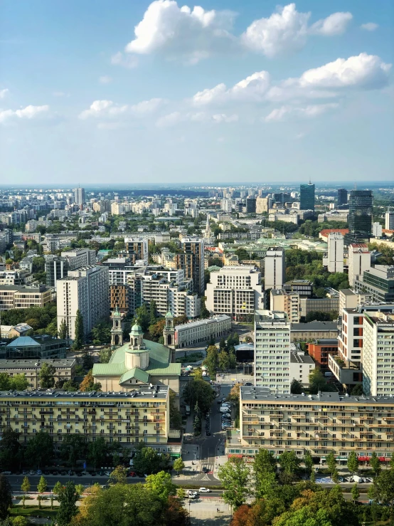 view from above the cityscape with trees and buildings