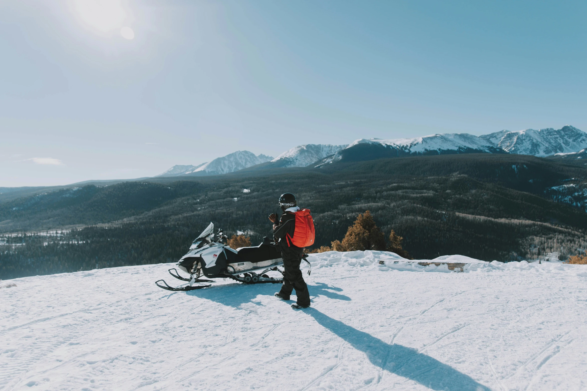 two people on a snowmobile looking at mountains in the distance