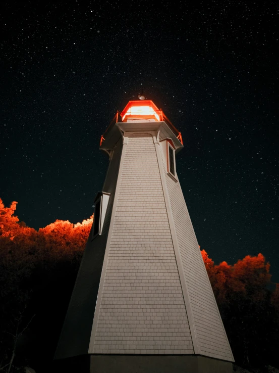 the view from below of a tower at night