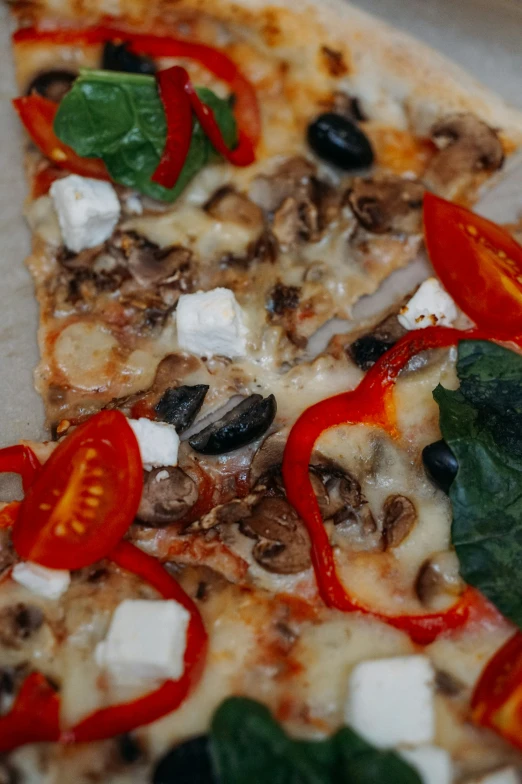 pizza topped with cheese and fresh vegetables sits in box