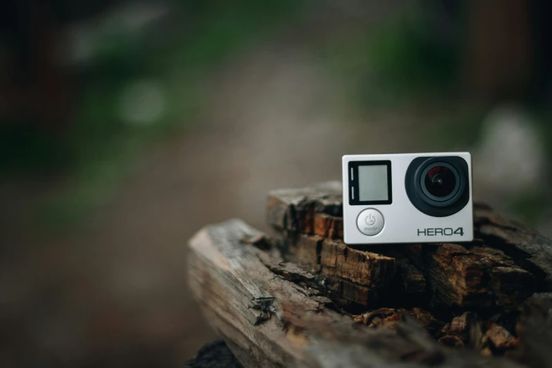 the camera is sitting on top of a wooden log