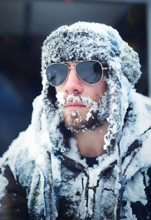 a man is dressed up with a beard covered in snow