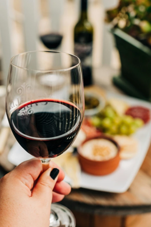 a hand holding a glass of wine in front of a plate with food