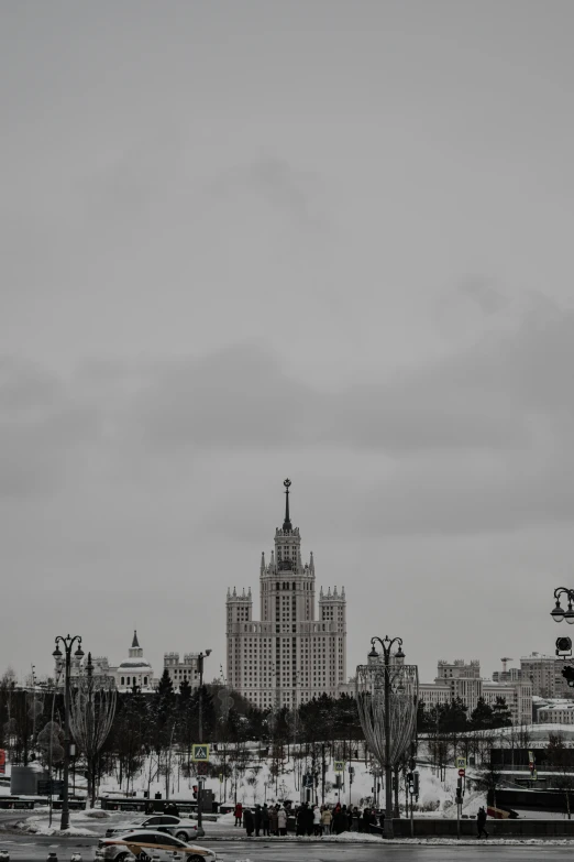 a black and white view of some city buildings