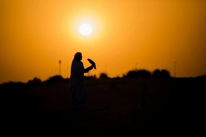 a person is standing in the sunset holding a bird