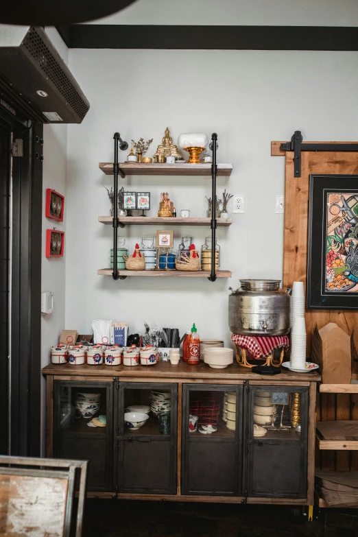 a room filled with lots of wooden cabinets and wooden shelves