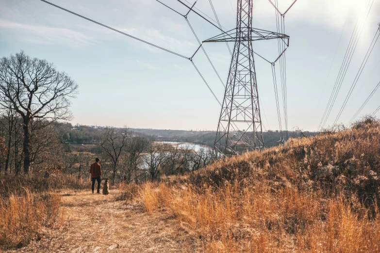 a person standing on a path near wires