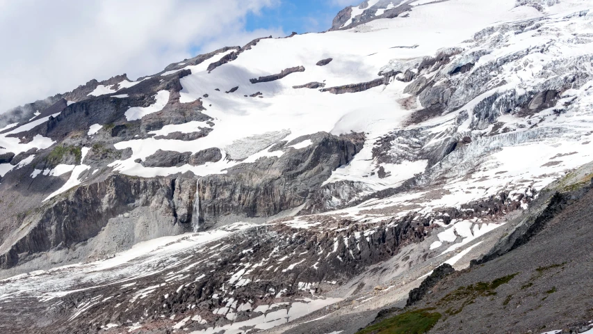 the mountain side has some snow on it