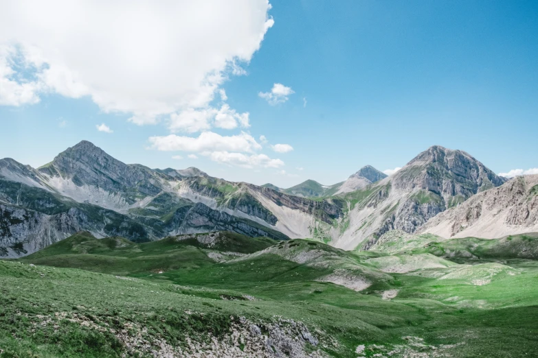 a green landscape with a mountain range in the distance