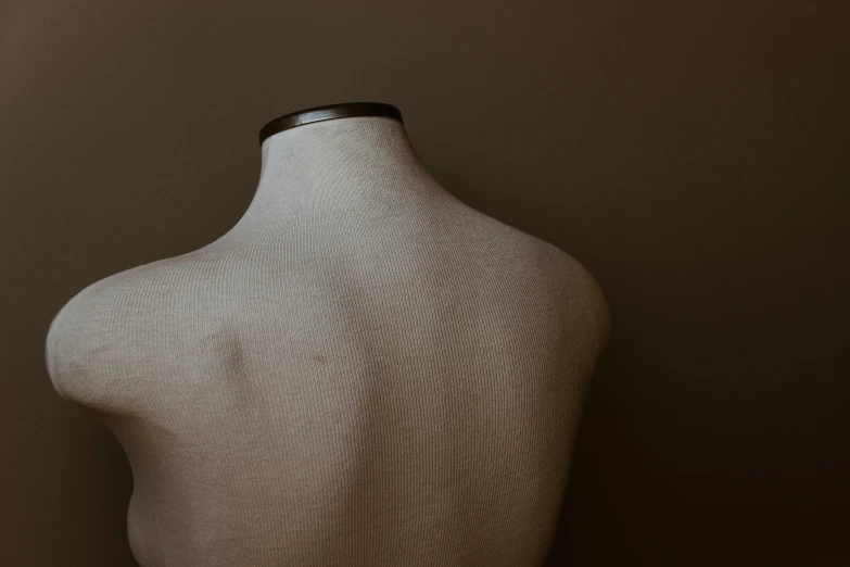 a dummy wearing a brown shirt is facing a wall