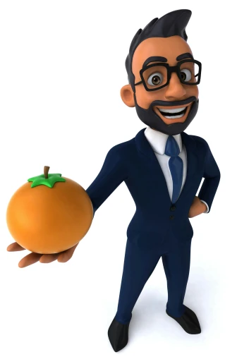 a man in a suit holding an orange