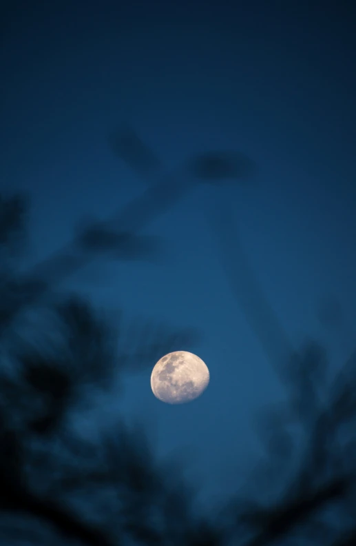 the moon is shining in a blue sky