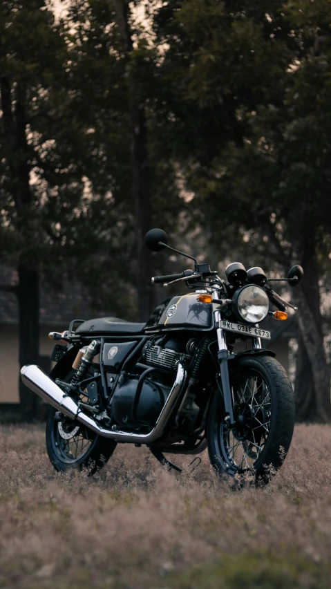 a motorcycle sitting parked in the grass near trees