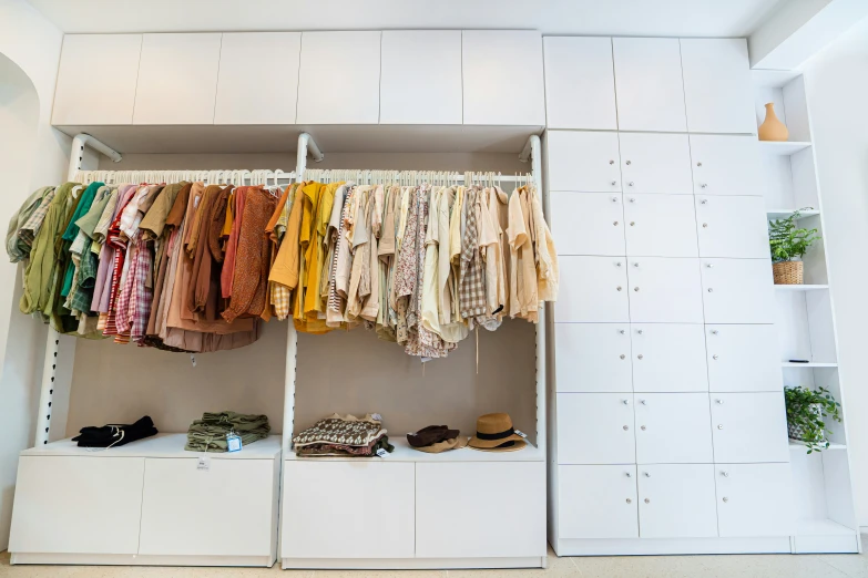 a closet with a bunch of clothes hanging on a rack