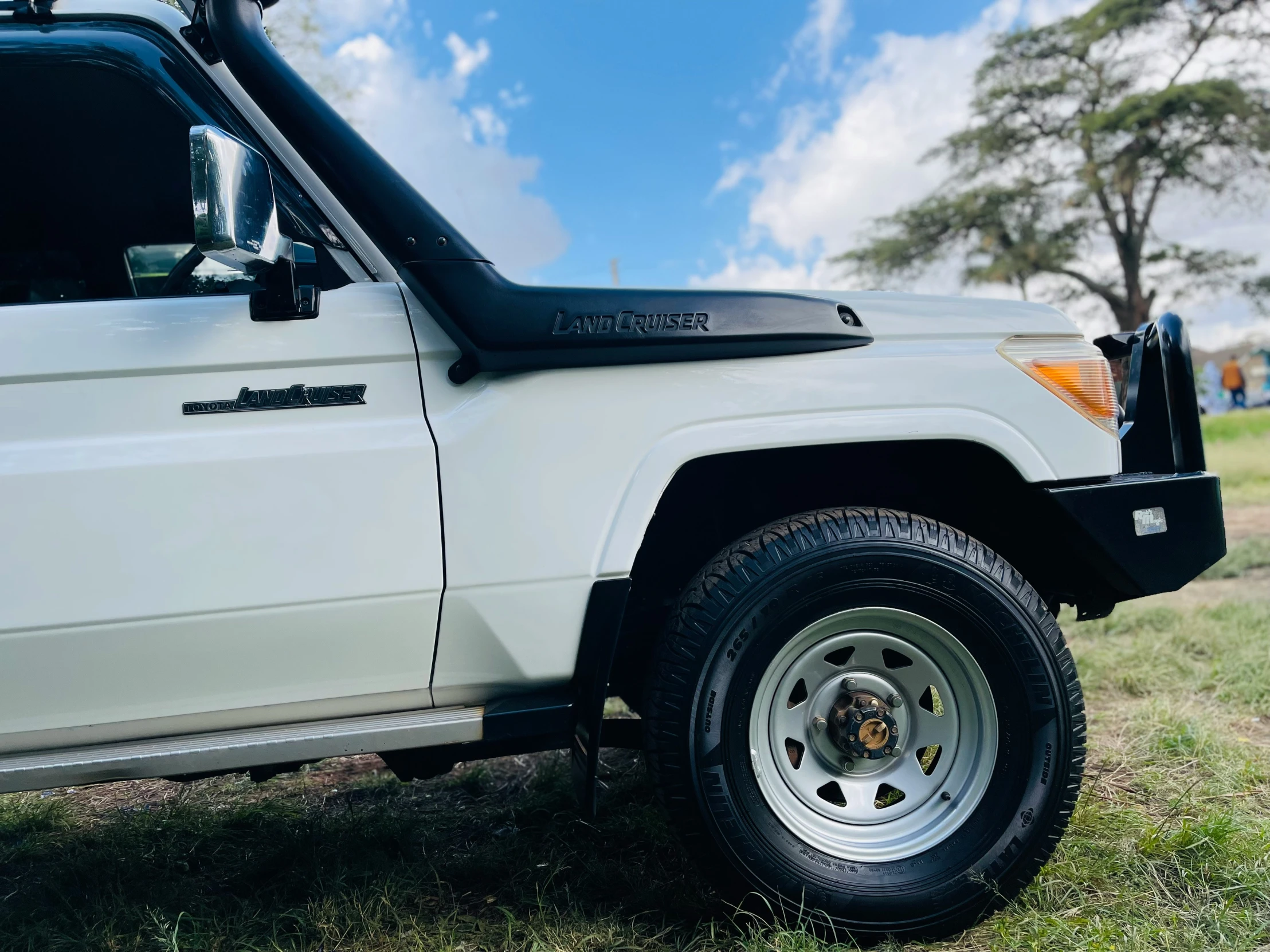 a white truck parked in a green field