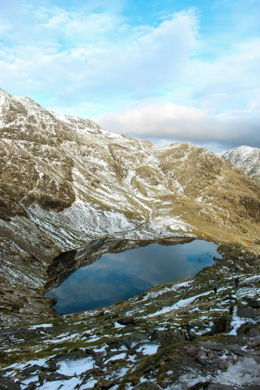 a mountain covered with snow and with a lake next to it