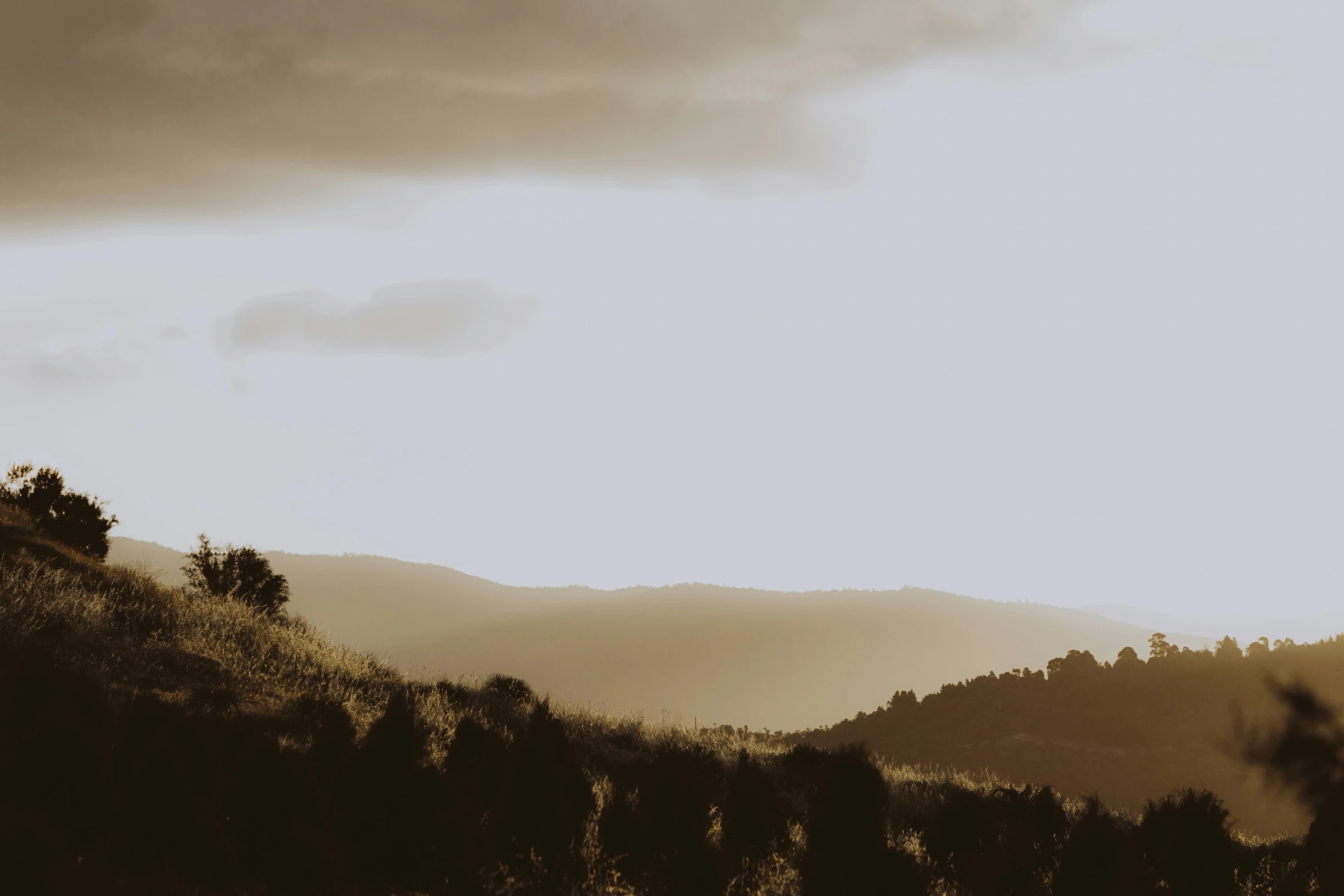 a mountain with trees on top and hills in the background