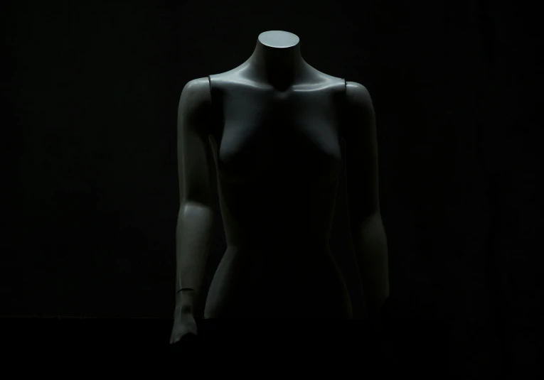 an illuminated mannequin's torso is shown in black