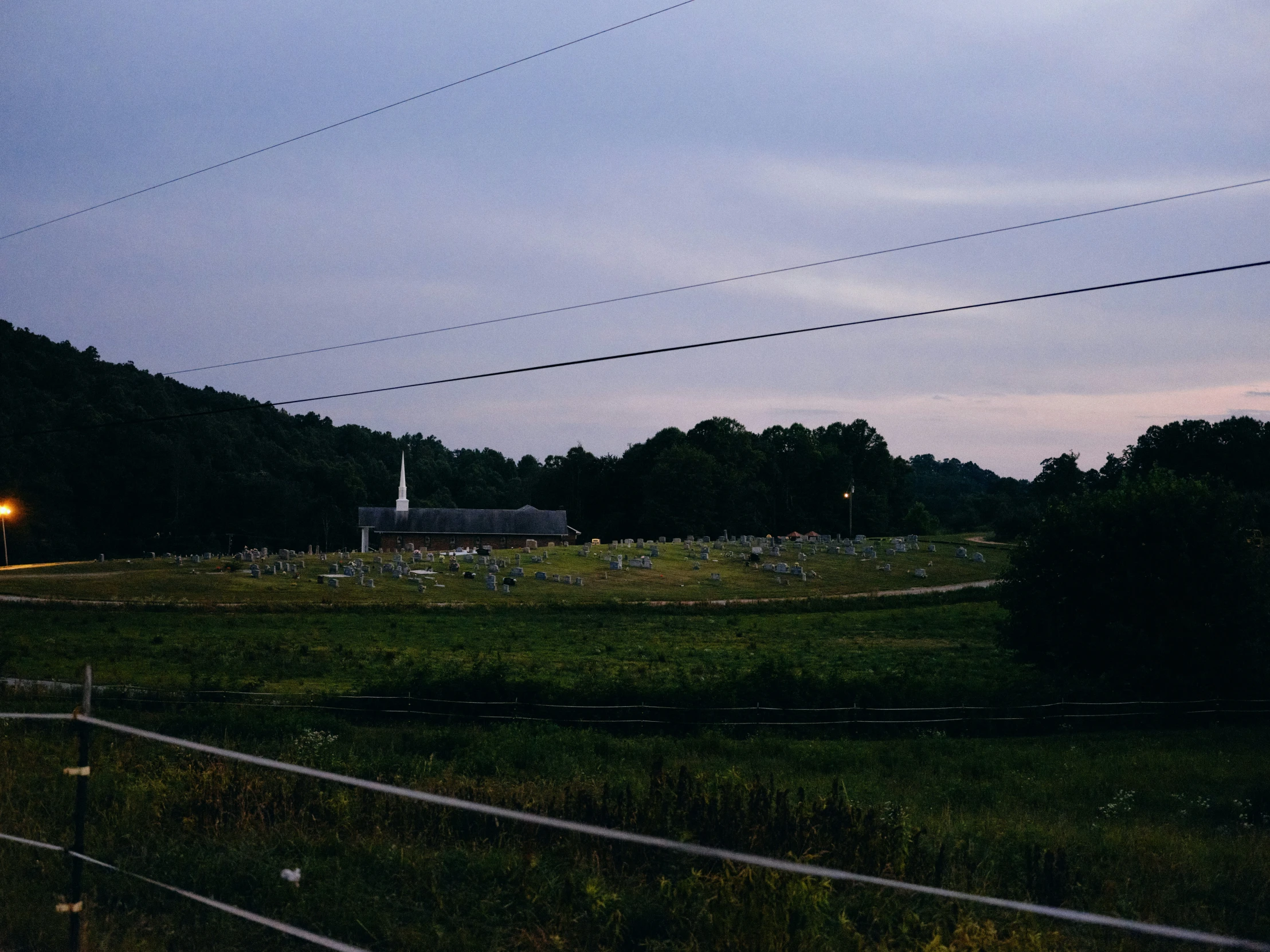 dark night with street lights and green grass