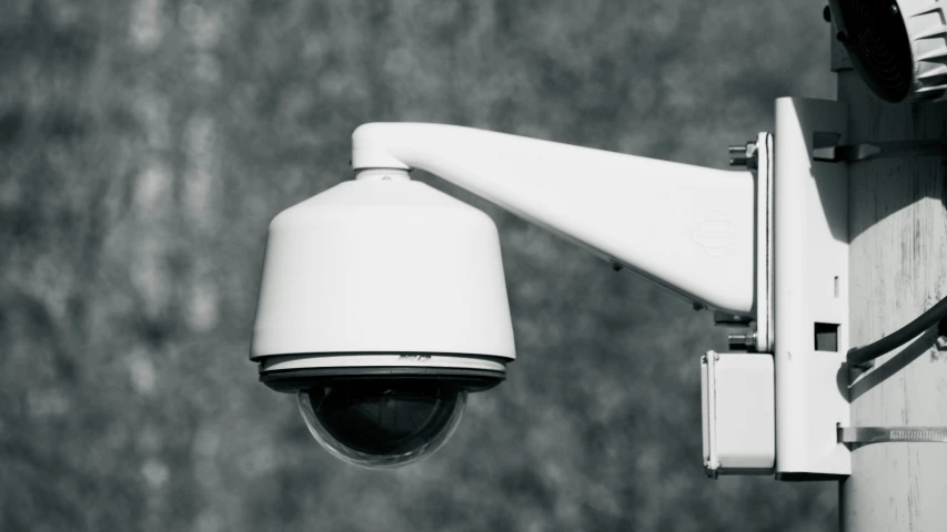 a security camera on a pole, in front of a grassy area