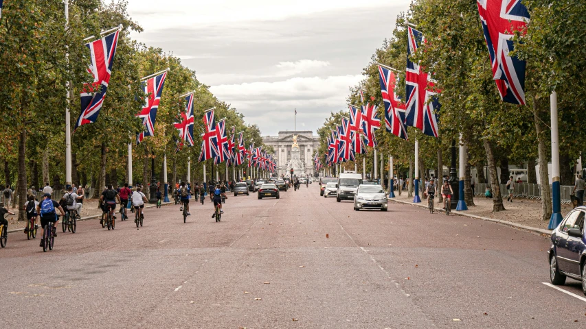 an image of a street with lots of british flags