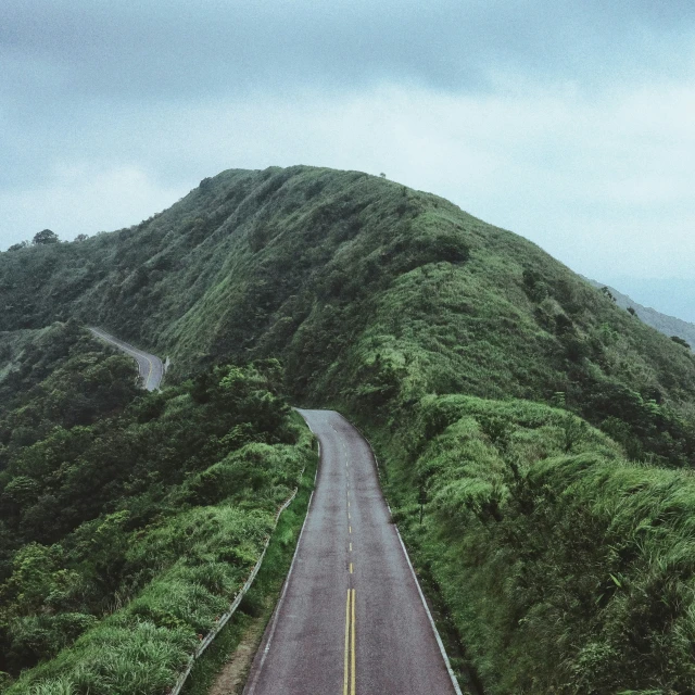 a road and some mountains that have lots of trees on the sides