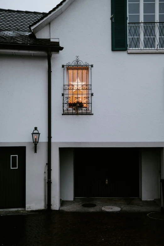 an open fire in the window of a building