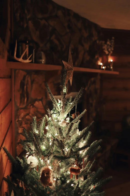 a small christmas tree on a mantle in a living room