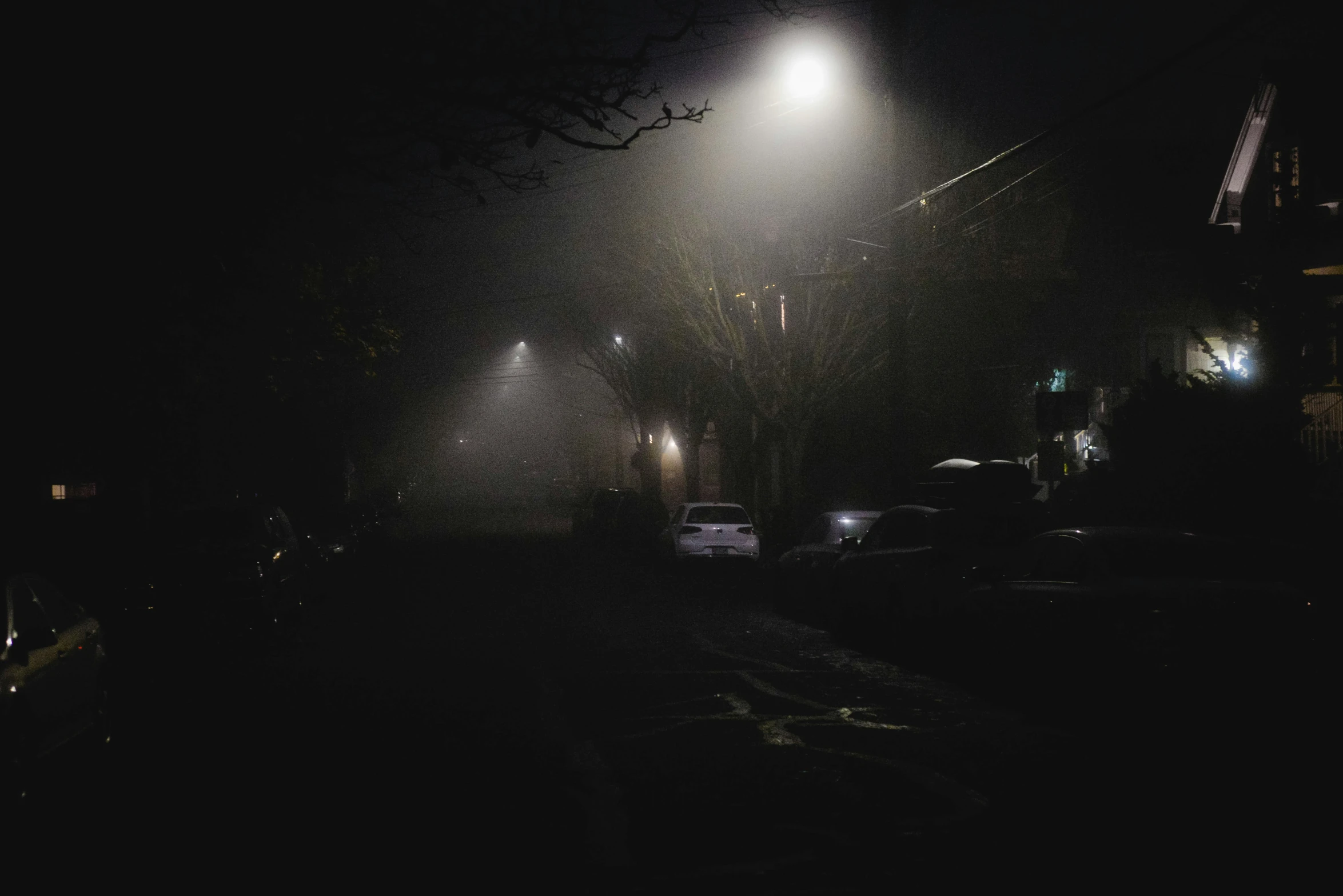 headlights shine down on a foggy city street at night