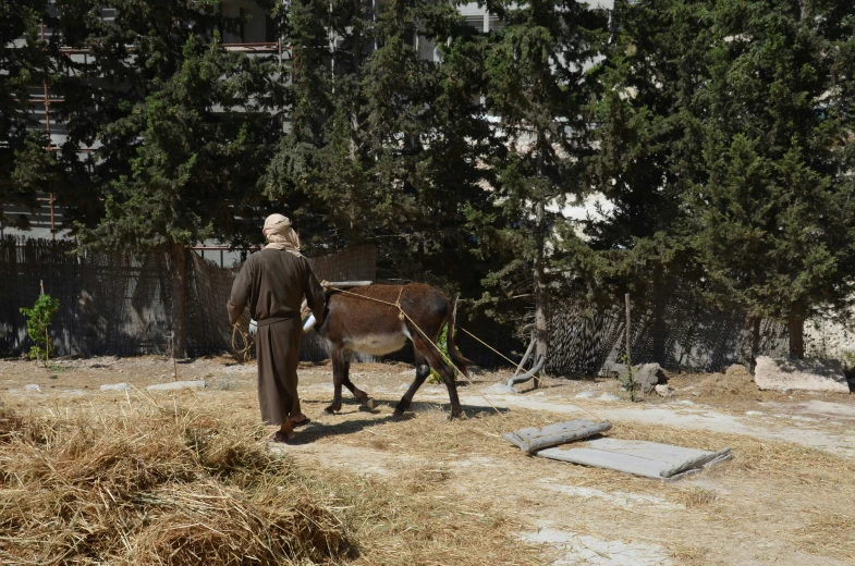 a man that is standing in the dirt with a cow