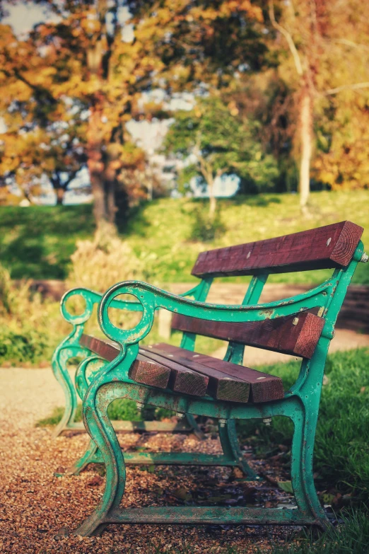 there is a bench in the grass by a street