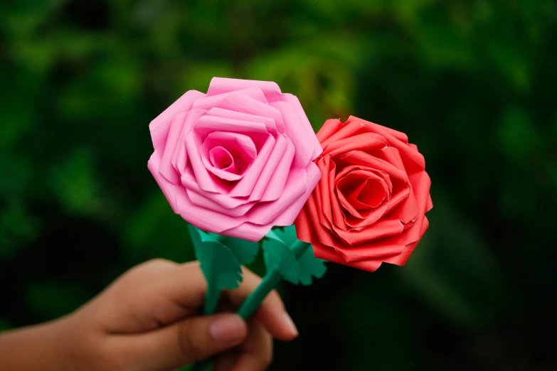 two paper roses being held in the air