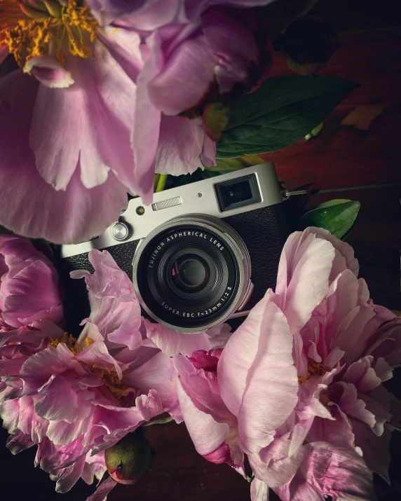 flowers and a camera in a bouquet