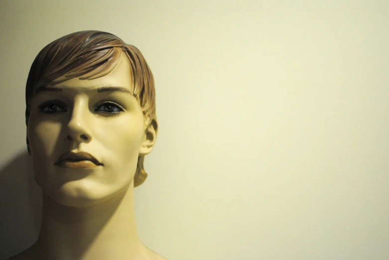 closeup of mannequin head with hair in low ponytail