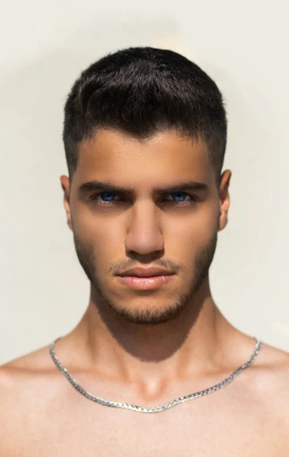 a shirtless man with necklace on his neck