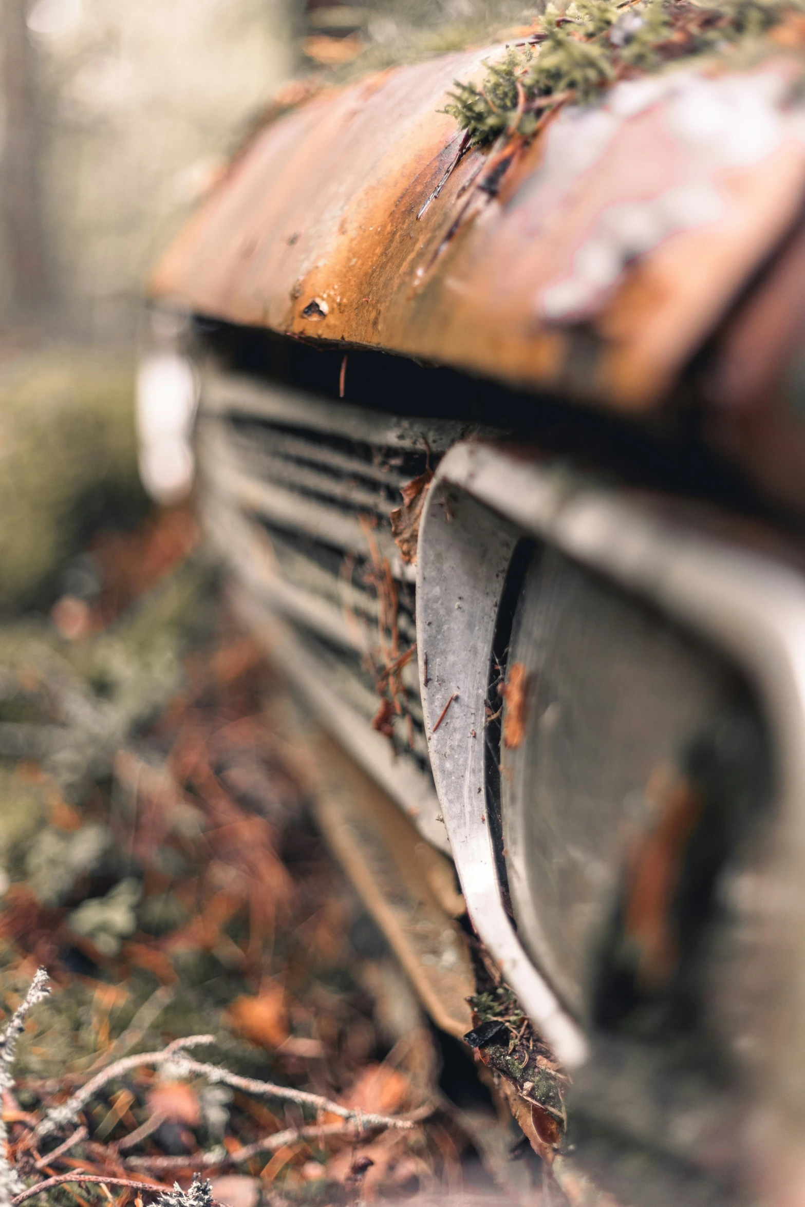 an old rusted out car sitting in the woods