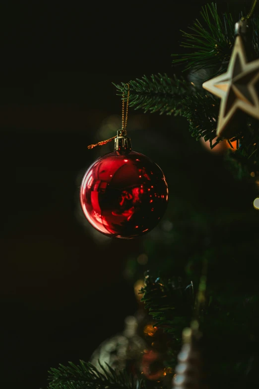 a red ornament is hanging on the christmas tree