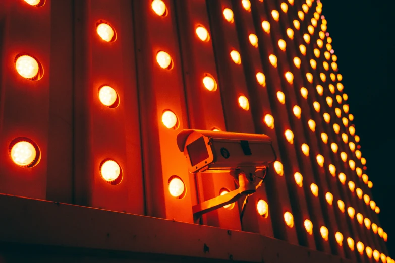 a camera sits on a ledge near many lights