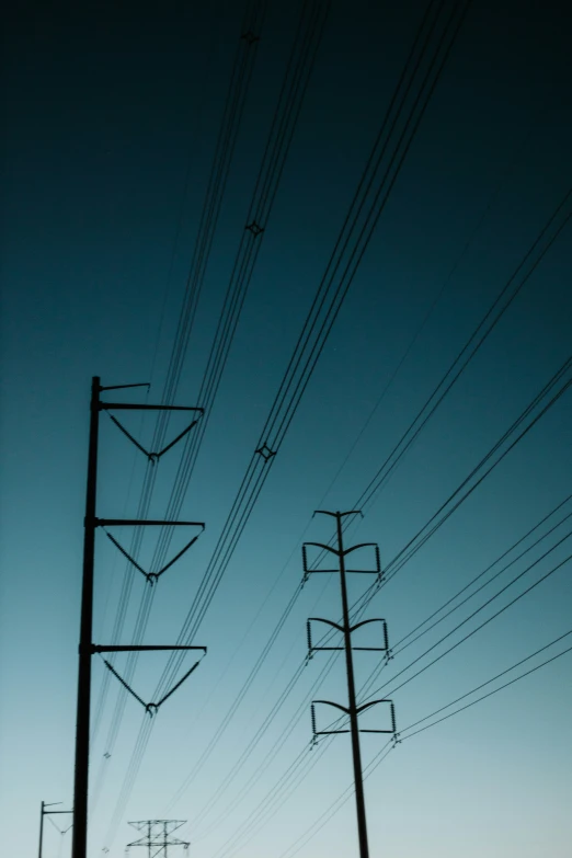 several electric wires and telephone poles are silhouetted against a dark sky