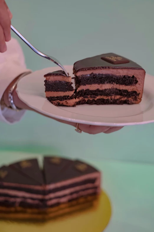 someone holding a fork and a piece of chocolate cake on a plate