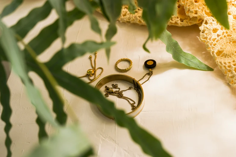 some little earrings sitting on a table next to a plant