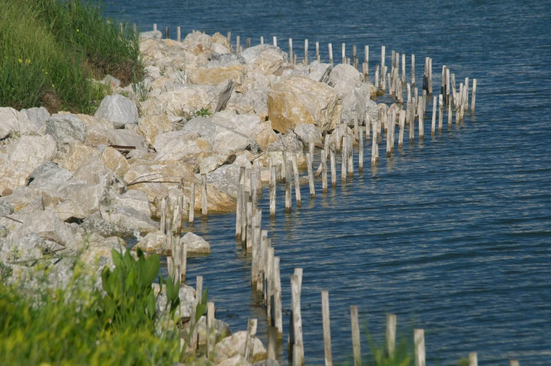 several rock and wood poles sticking out into the water