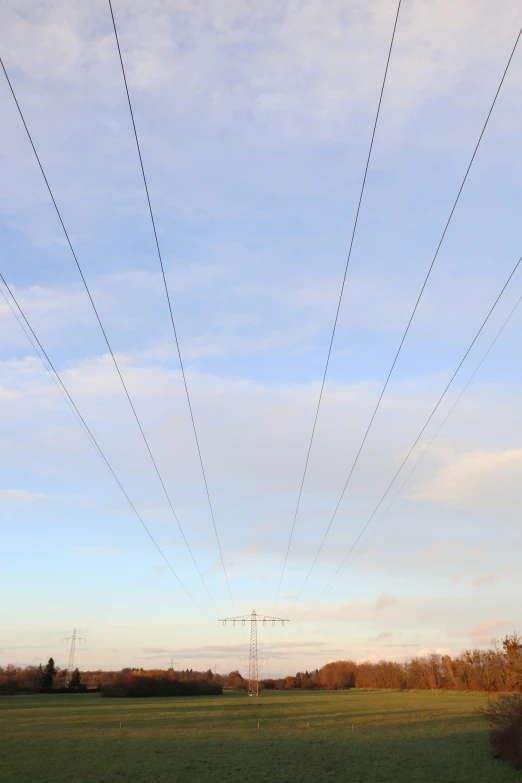 a field with several telephone poles and wires above it