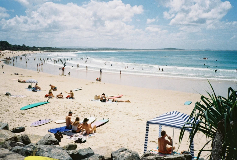 a bunch of people are out on the beach