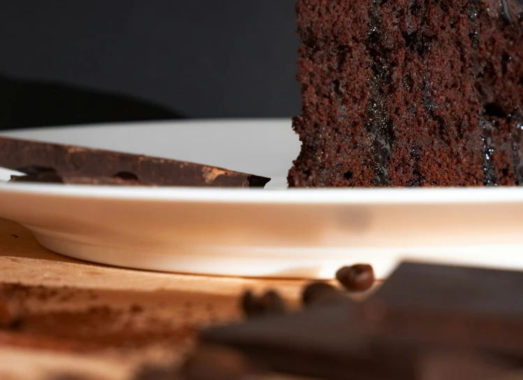 a slice of chocolate cake on a plate with a knife