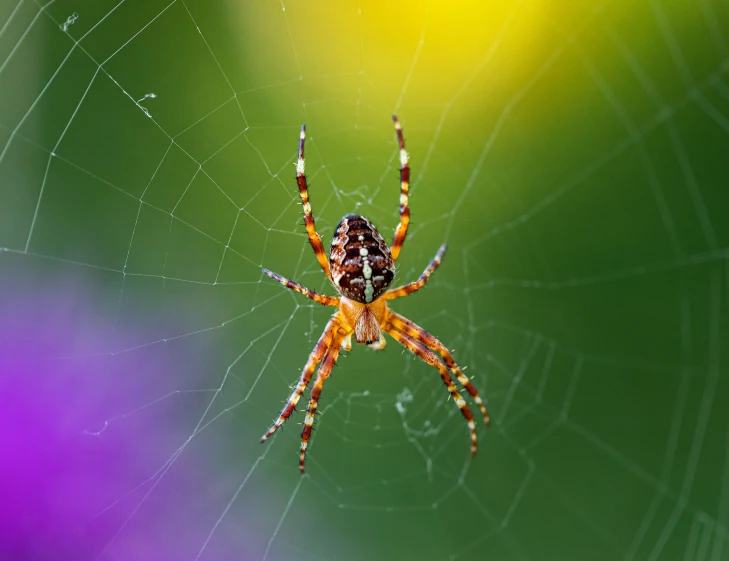 a close up po of a yellow and black spider on its web